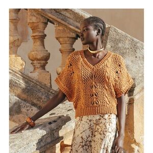 Mes Demoiselles Open-Knit V-Neck Sweater in Rust Orange